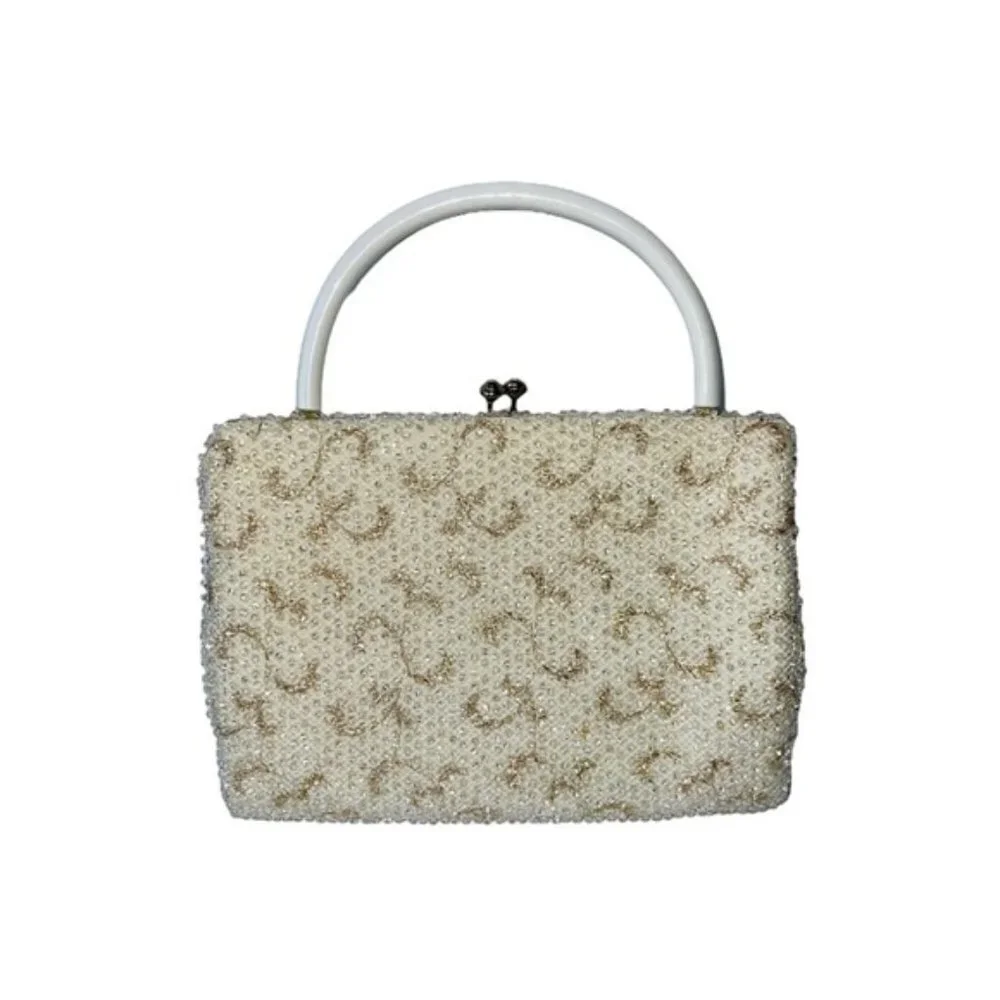 Vintage Corde-Bead Beaded Evening Bag Purse Kiss Clasp Ivory Gold Size 8.5